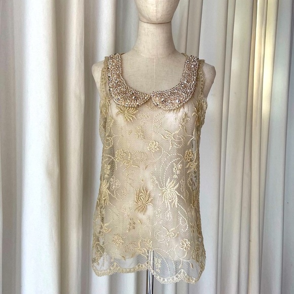 Anthropologie | “Magnolia” Tulle Shell Sheer Beaded Blouse | Small - Picture 3 of 11